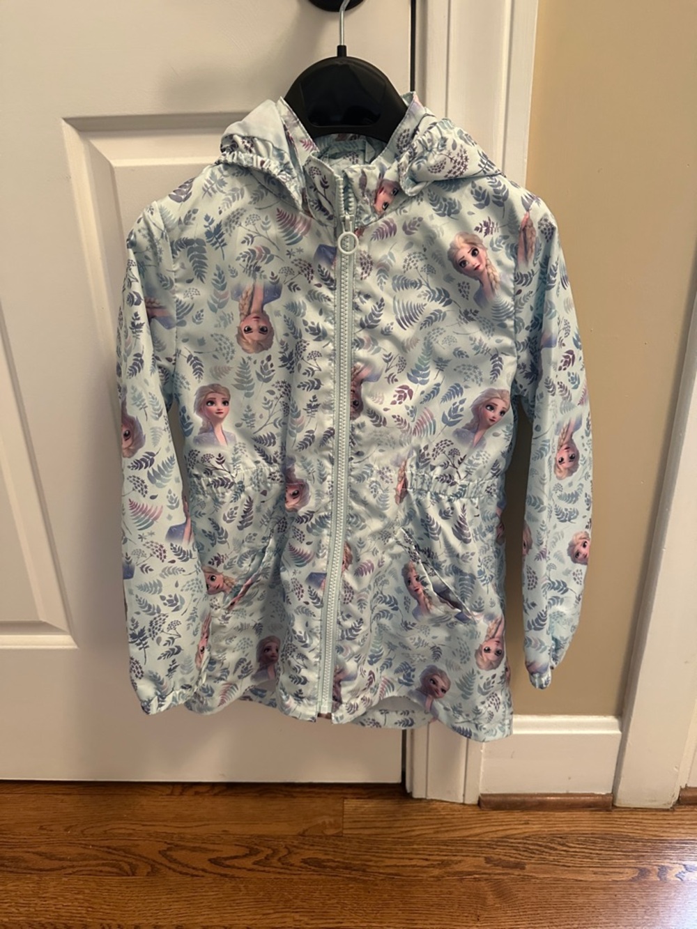 Girls' Light Blue Hooded Character Raincoat with Frozen/Elsa Print - Size 7-8Y